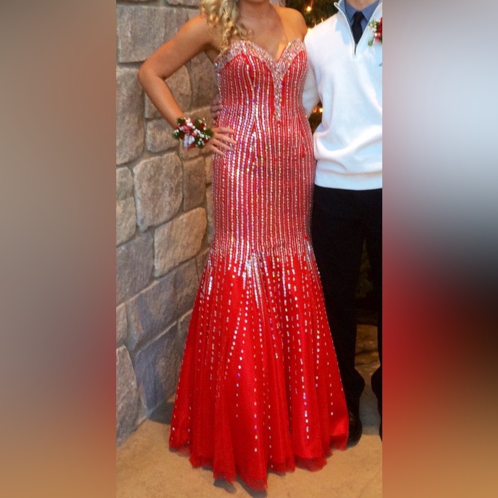 Strapless Red Beaded Evening Dress
